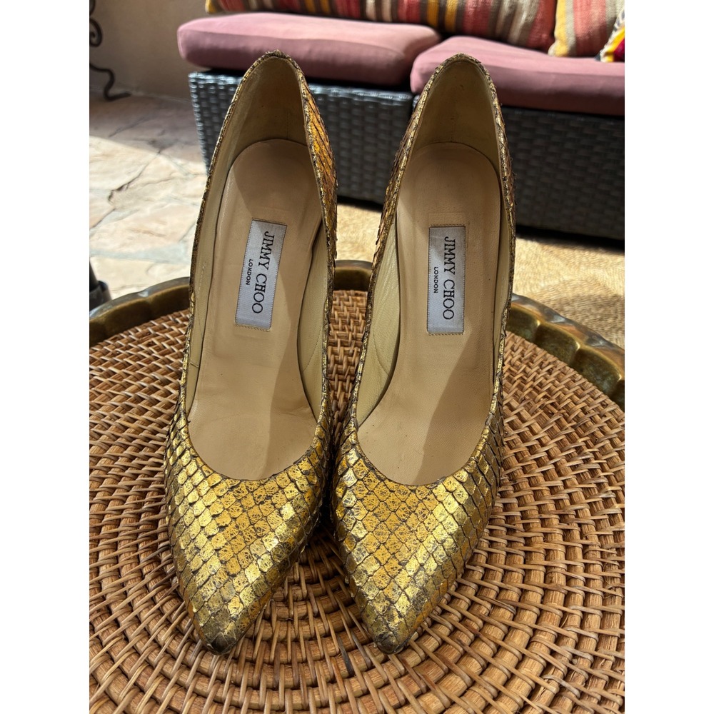 Jimmy Choo Gold Metallic Snakeskin Embossed Pointed Toe Pumps Heels Size 39
